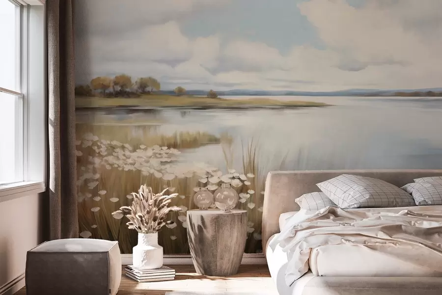 wall murals Textured landscape, field of white flowers and tall grass, a lake in the background, a grassy hill with trees, soft colors w09530