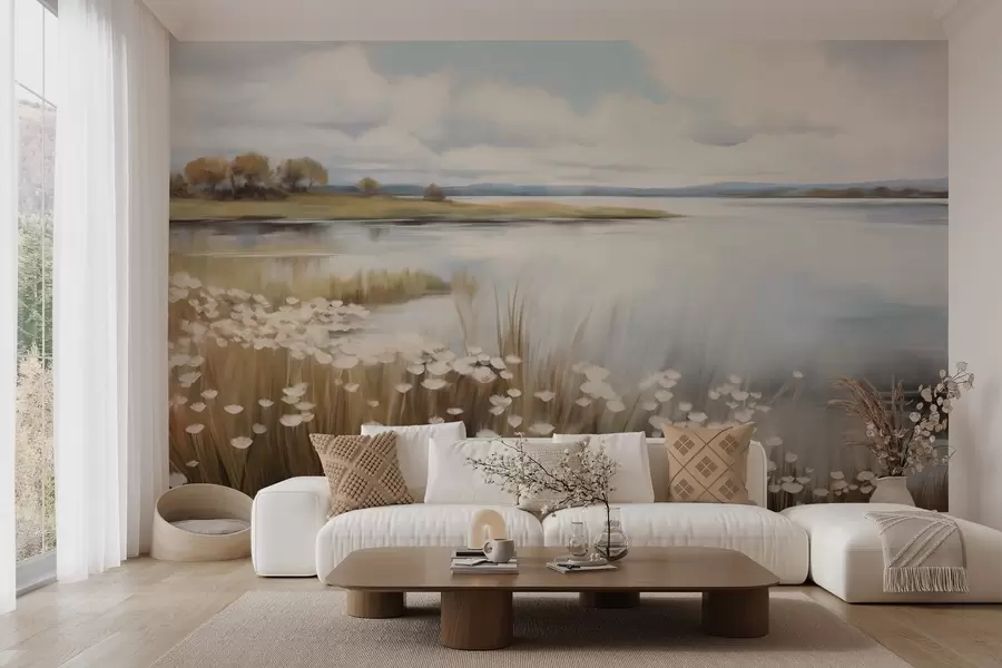 wall murals Textured landscape, field of white flowers and tall grass, a lake in the background, a grassy hill with trees, soft colors w09530