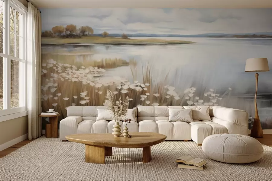 wall murals Textured landscape, field of white flowers and tall grass, a lake in the background, a grassy hill with trees, soft colors w09530