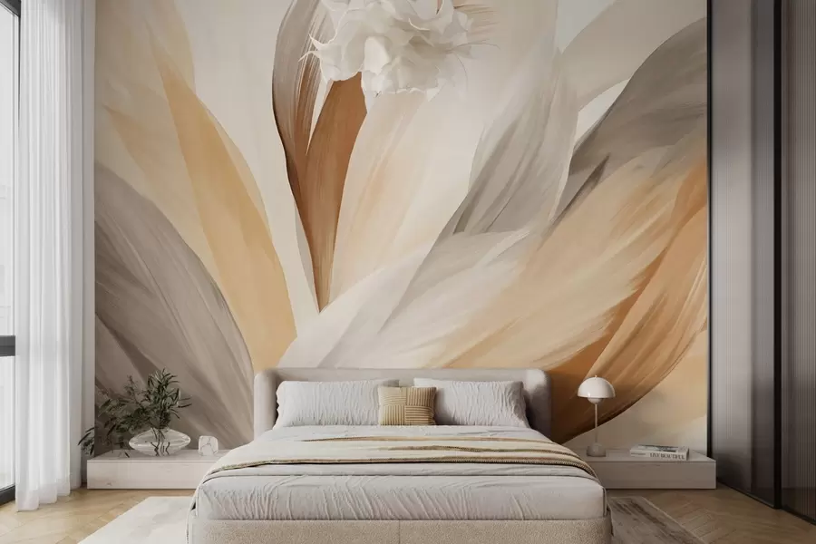 wall murals Abstract textured feathers in brown, white, and gray and various shades, overlapping on a white background w09531
