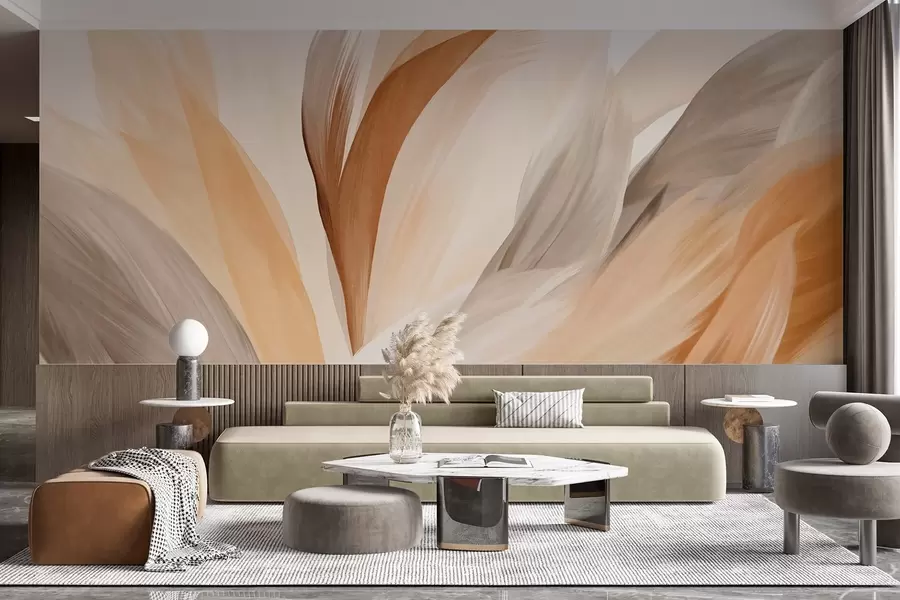 wall murals Abstract textured feathers in brown, white, and gray and various shades, overlapping on a white background w09531