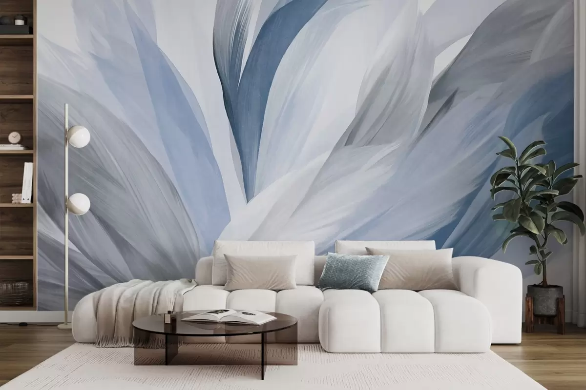 wall murals Abstract textured feathers in blue, white, and gray and various shades, overlapping on a white background w09531v1