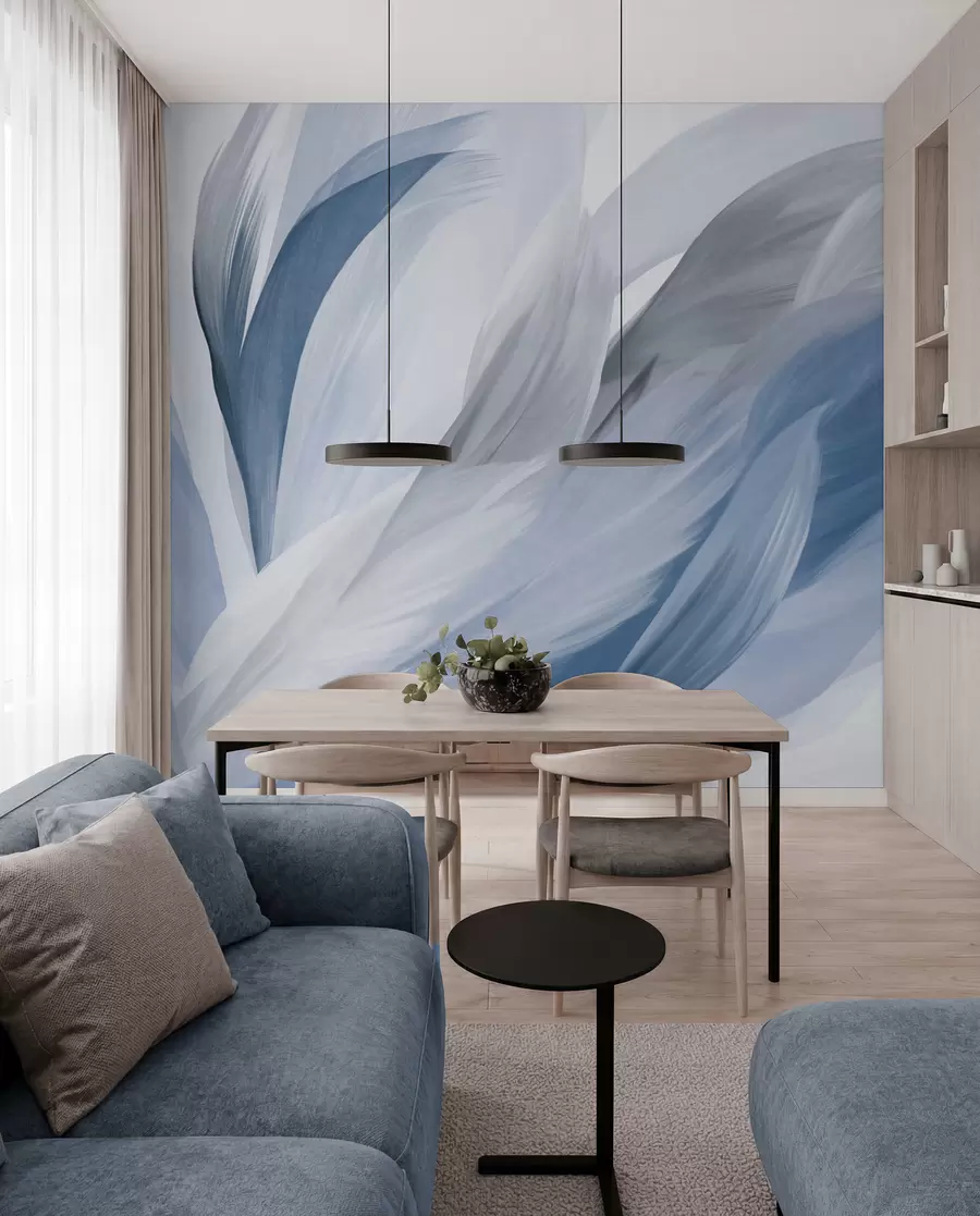 wall murals Abstract textured feathers in blue, white, and gray and various shades, overlapping on a white background w09531v1