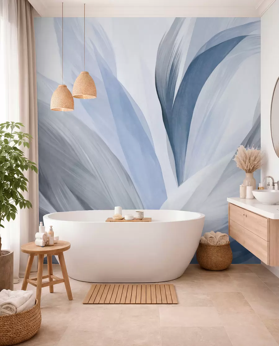 wall murals Abstract textured feathers in blue, white, and gray and various shades, overlapping on a white background w09531v1