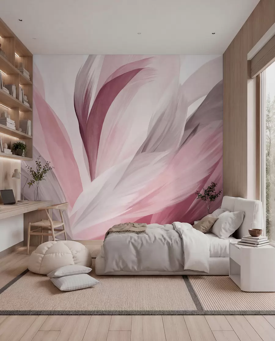 wall murals Abstract textured feathers in pink, white, and gray and various shades, overlapping on a white background w09531v2