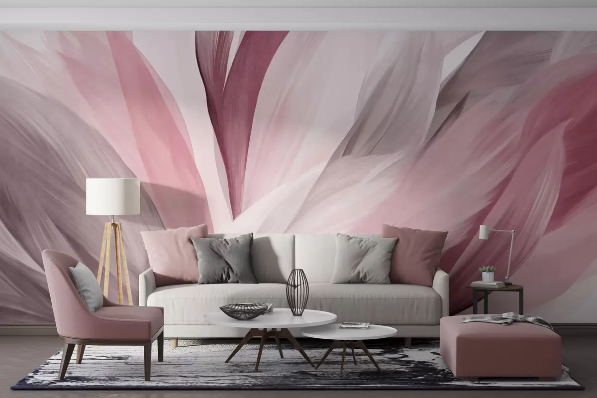 wall murals Abstract textured feathers in pink, white, and gray and various shades, overlapping on a white background w09531v2