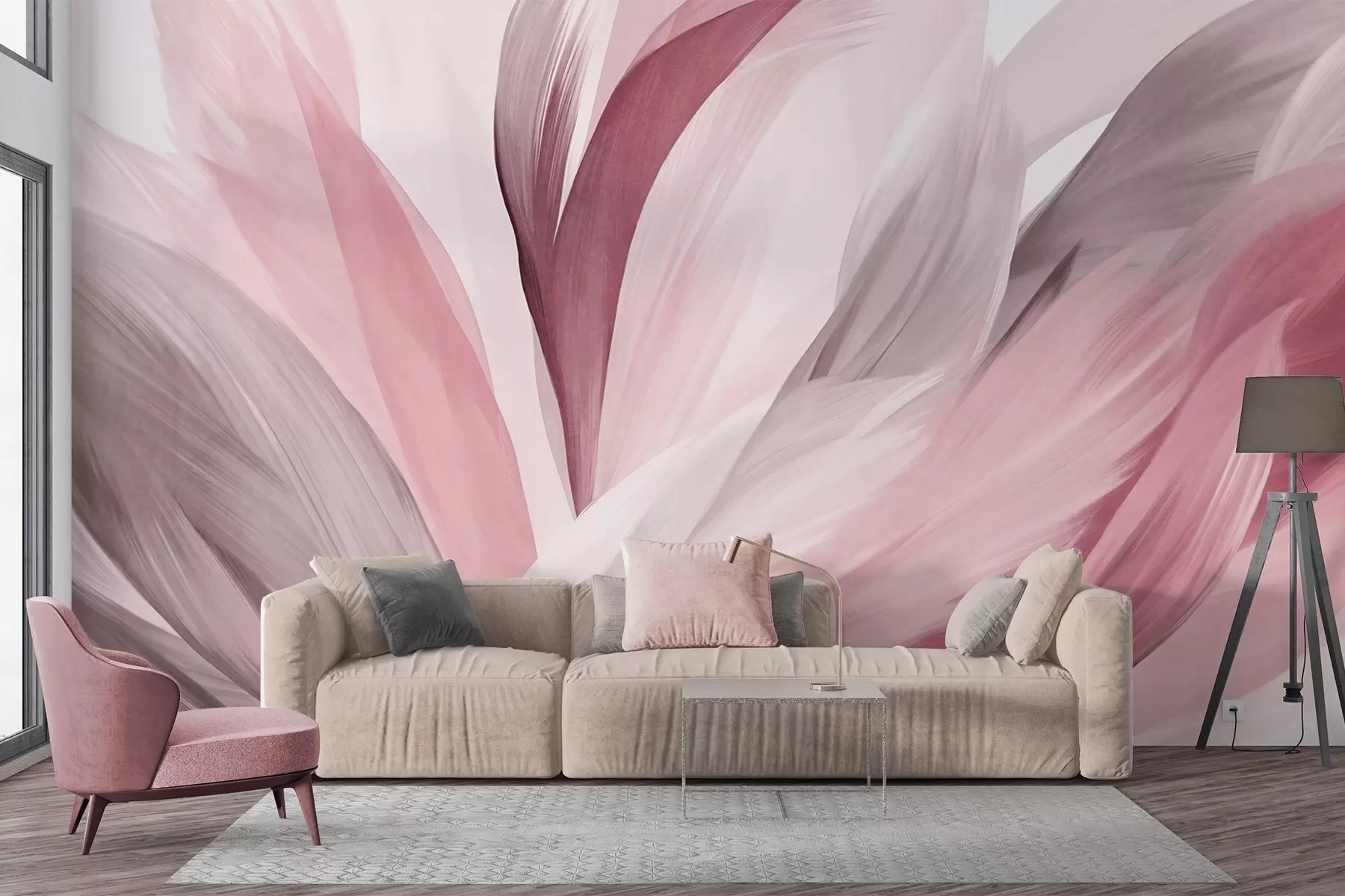 wall murals Abstract textured feathers in pink, white, and gray and various shades, overlapping on a white background w09531v2