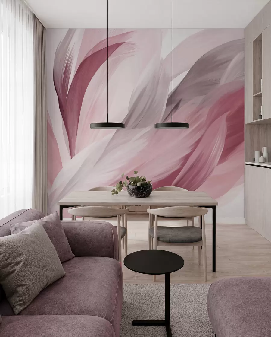 wall murals Abstract textured feathers in pink, white, and gray and various shades, overlapping on a white background w09531v2