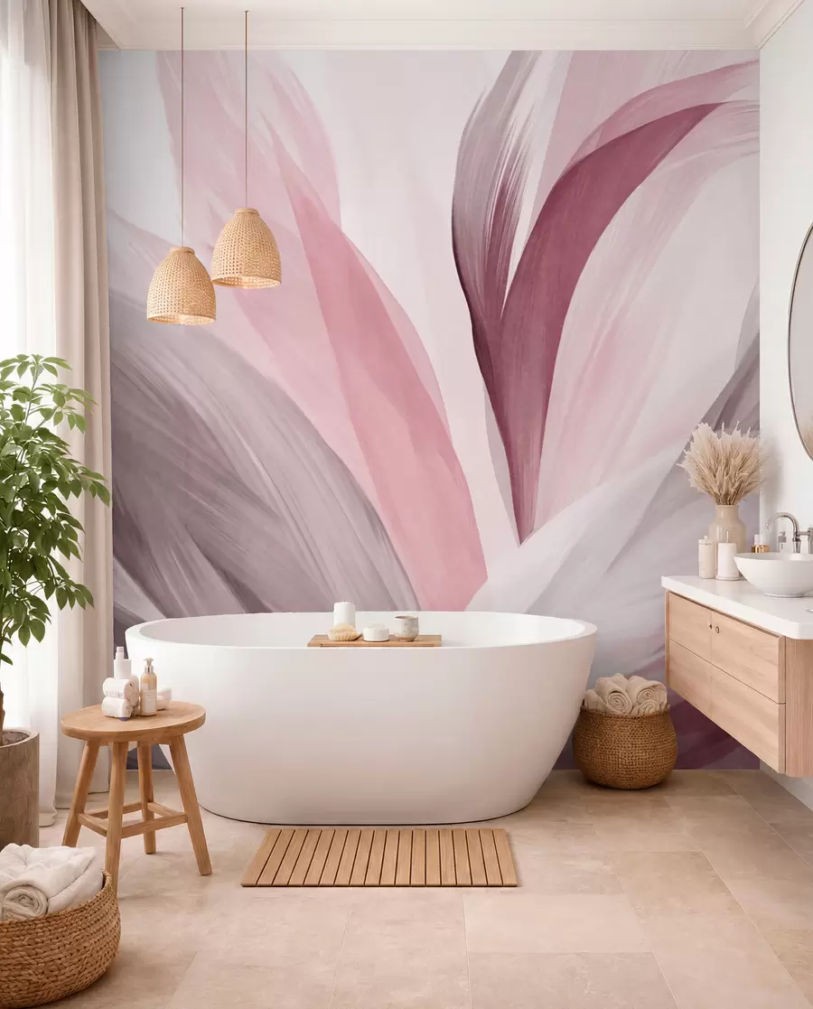wall murals Abstract textured feathers in pink, white, and gray and various shades, overlapping on a white background w09531v2