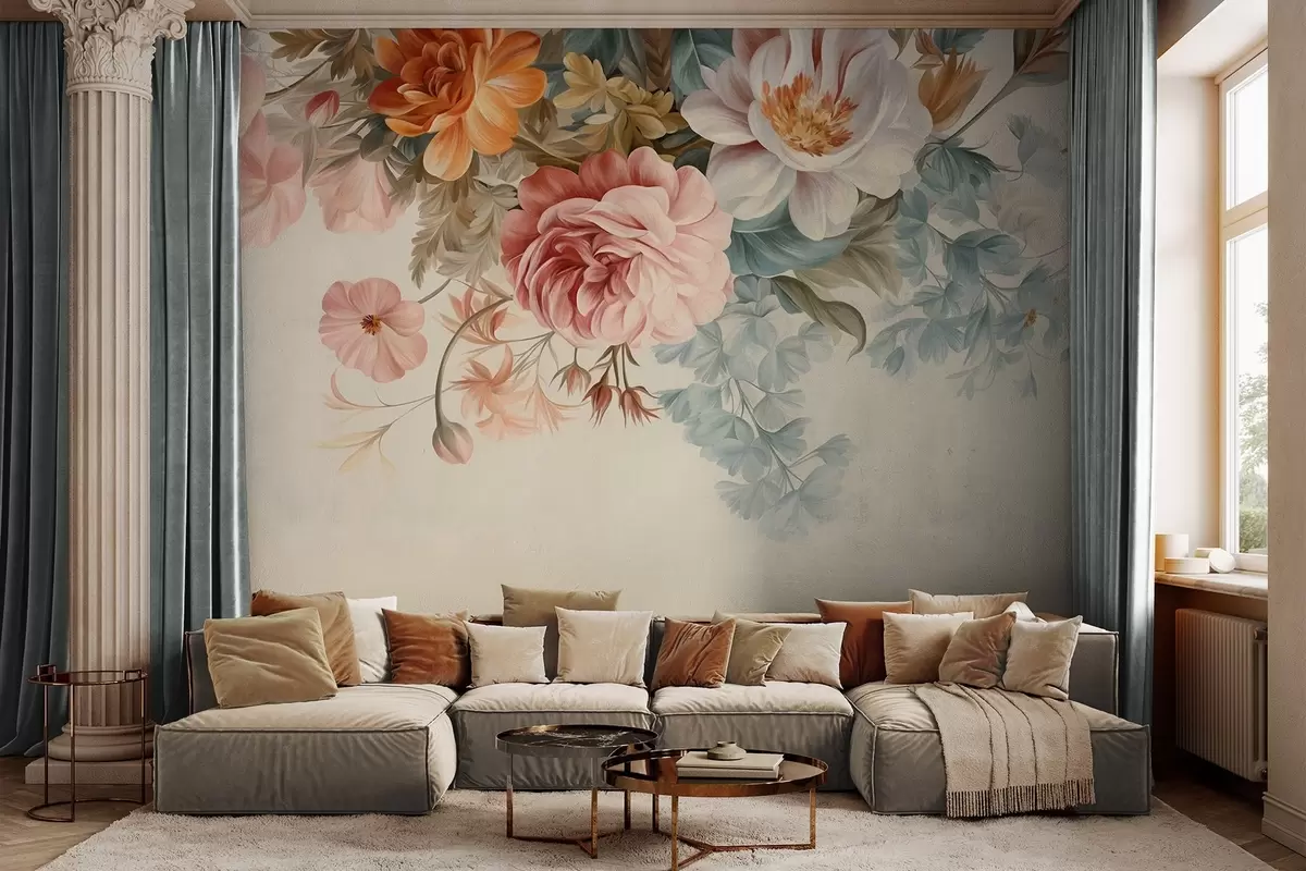 wall murals Vintage floral arrangement with roses, peonies and other textured flowers with foliage, on a light background w09532