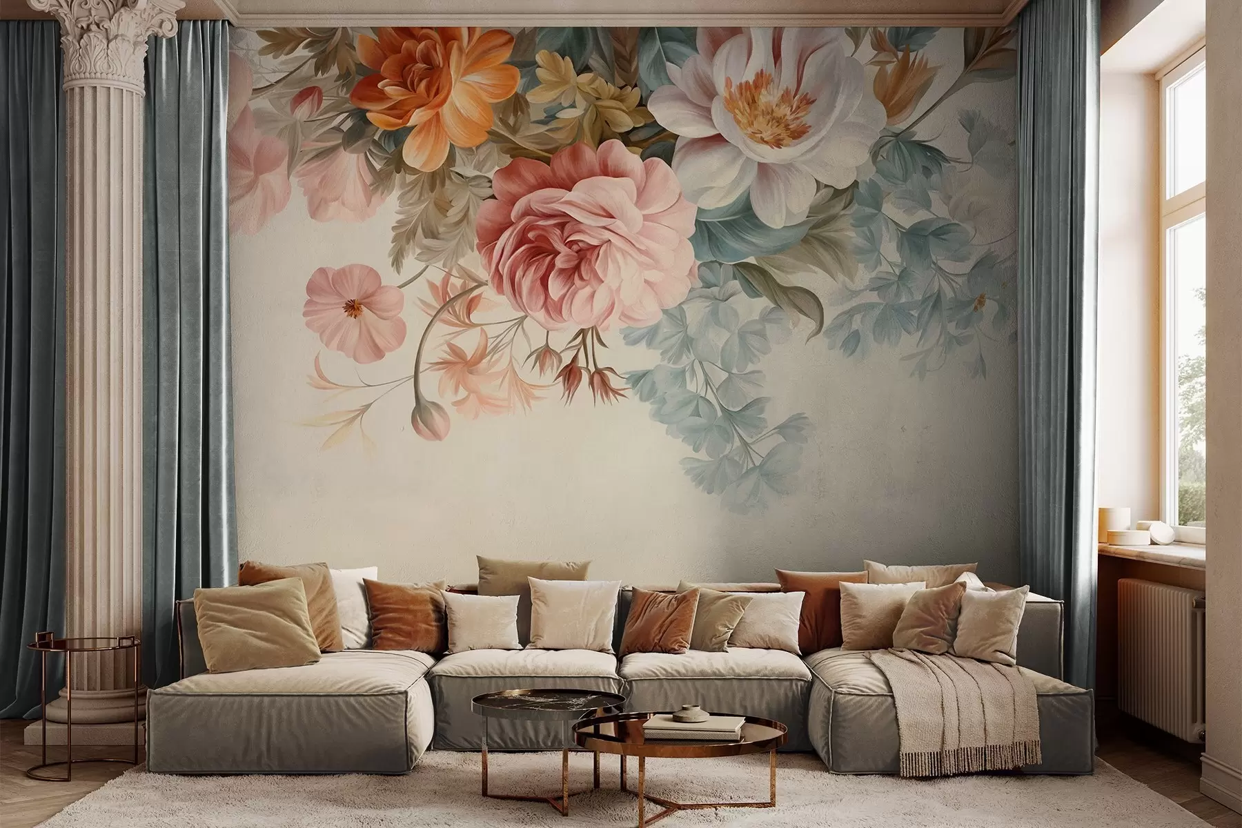 wall murals Vintage floral arrangement with roses, peonies and other textured flowers with foliage, on a light background w09532