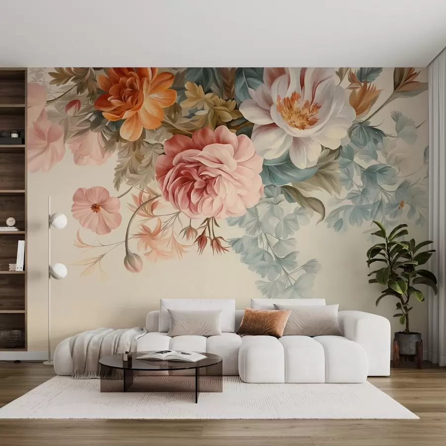 wall murals Vintage floral arrangement with roses, peonies and other textured flowers with foliage, on a light background w09532