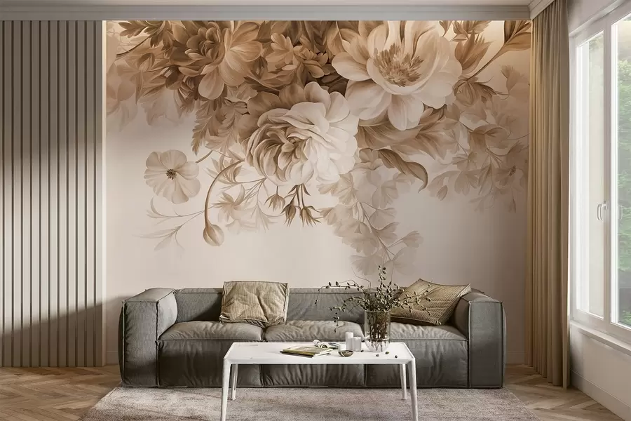 wall murals Vintage floral arrangement with roses, peonies and other textured flowers with foliage, on a light background w09532v1