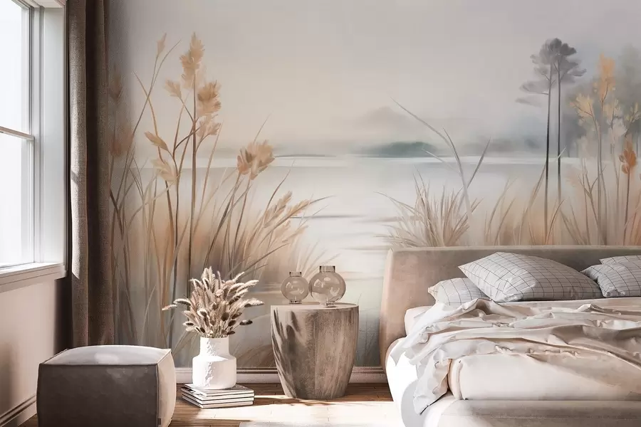wall murals Landscape with a lake and tall grass in the foreground, mountains in the background, soft colors, textured w09534