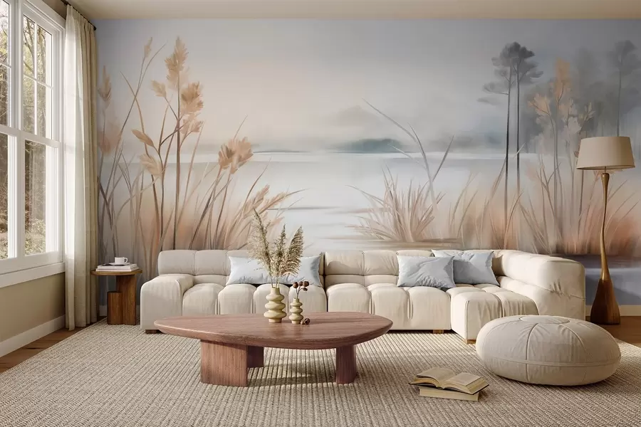 wall murals Landscape with a lake and tall grass in the foreground, mountains in the background, soft colors, textured w09534