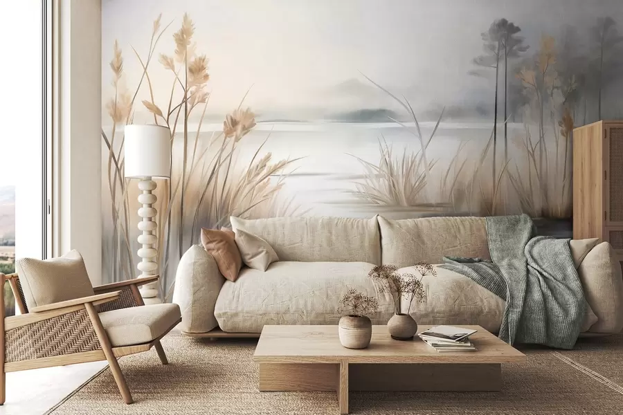 wall murals Landscape with a lake and tall grass in the foreground, mountains in the background, soft colors, textured w09534