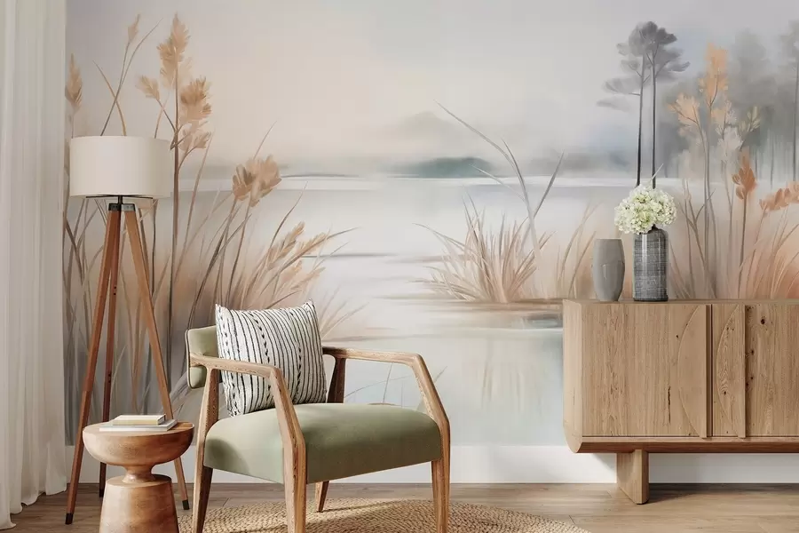 wall murals Landscape with a lake and tall grass in the foreground, mountains in the background, soft colors, textured w09534