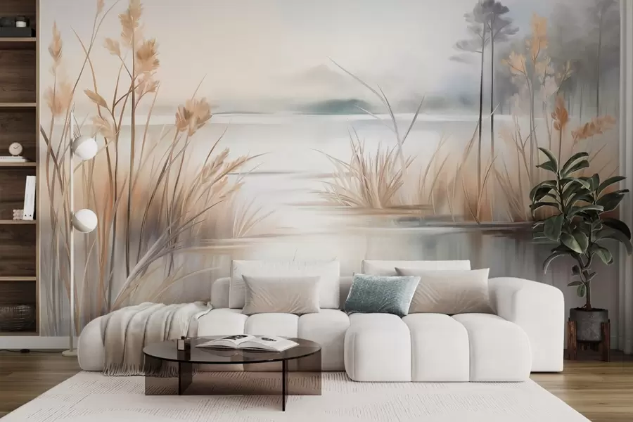wall murals Landscape with a lake and tall grass in the foreground, mountains in the background, soft colors, textured w09534