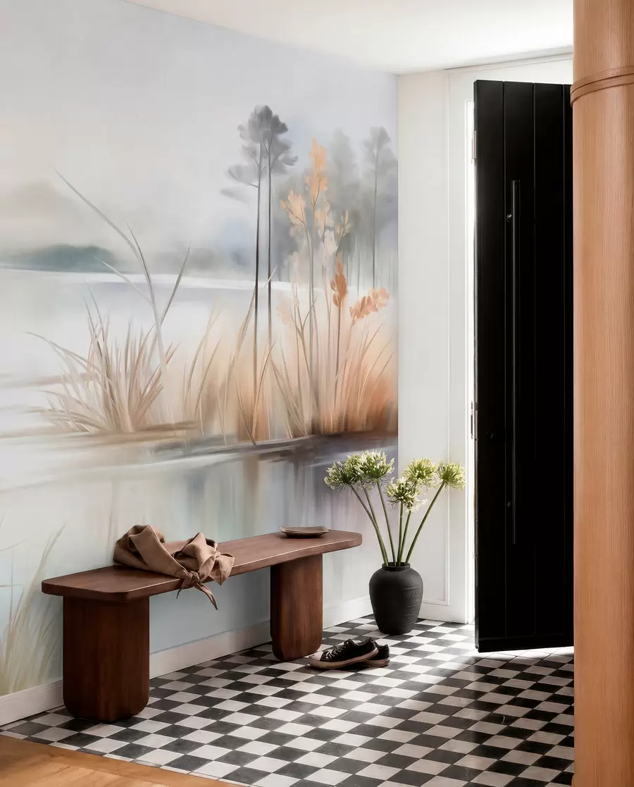 wall murals Landscape with a lake and tall grass in the foreground, mountains in the background, soft colors, textured w09534