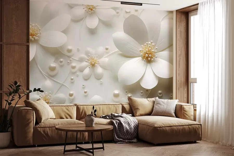 wall murals White flowers with pearls scattered on a white background, elegant and minimalist design, textured w09535