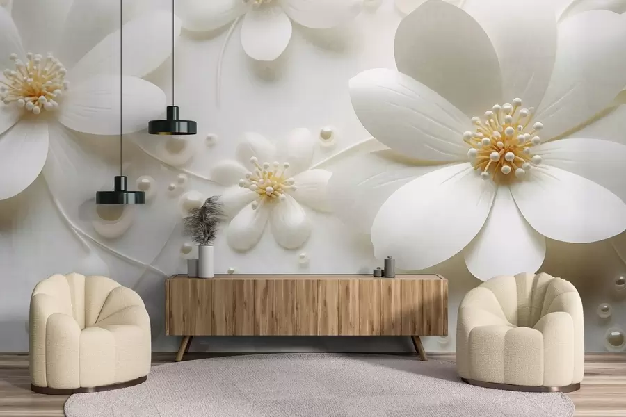 wall murals White flowers with pearls scattered on a white background, elegant and minimalist design, textured w09535
