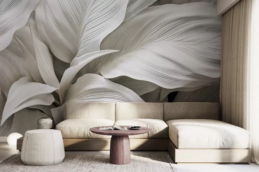 wall murals Large, textured white leaves with prominent veins, overlapping and creating depth w09536