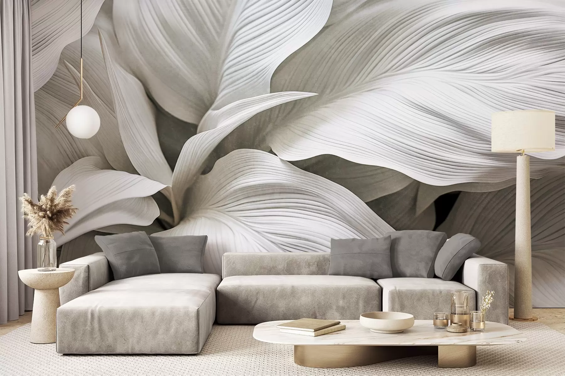 wall murals Large, textured white leaves with prominent veins, overlapping and creating depth w09536
