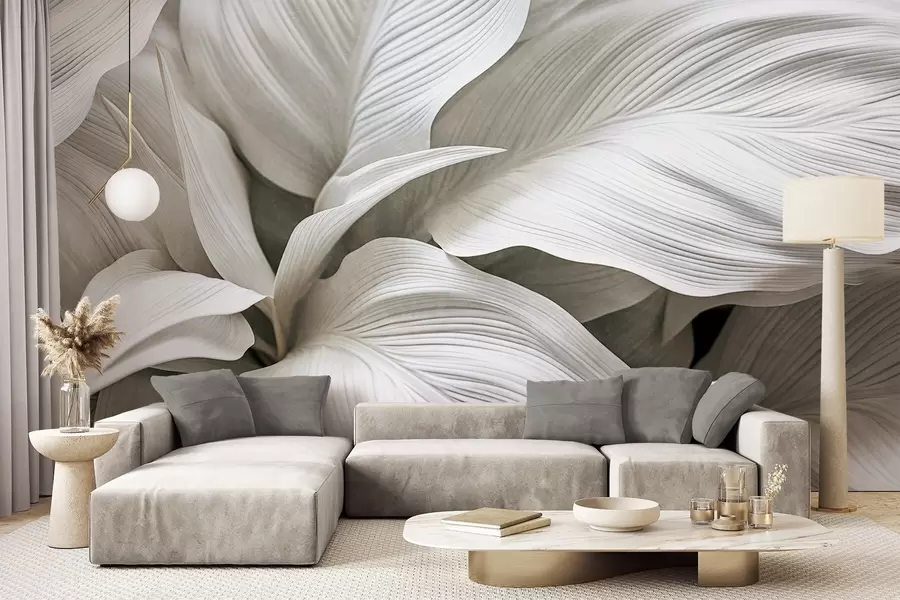 wall murals Large, textured white leaves with prominent veins, overlapping and creating depth w09536