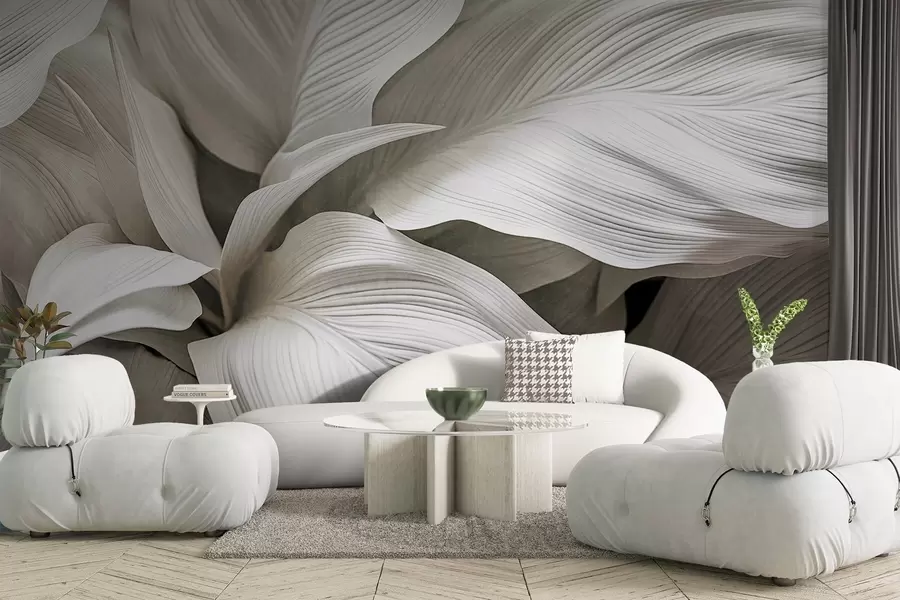 wall murals Large, textured white leaves with prominent veins, overlapping and creating depth w09536