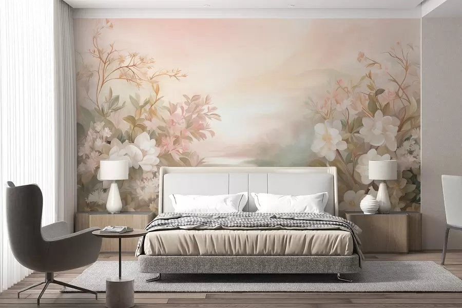 wall murals A landscape with a river surrounded by flowers and plants, soft colors, pink sky, watercolor textured style w09537