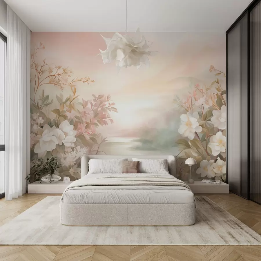 wall murals A landscape with a river surrounded by flowers and plants, soft colors, pink sky, watercolor textured style w09537