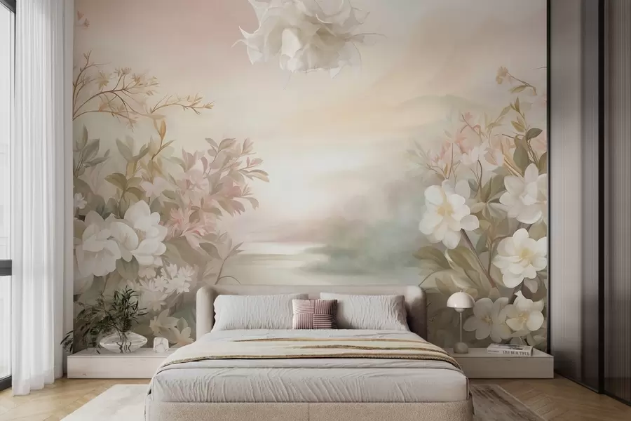 wall murals A landscape with a river surrounded by flowers and plants, soft colors, pink sky, watercolor textured style w09537