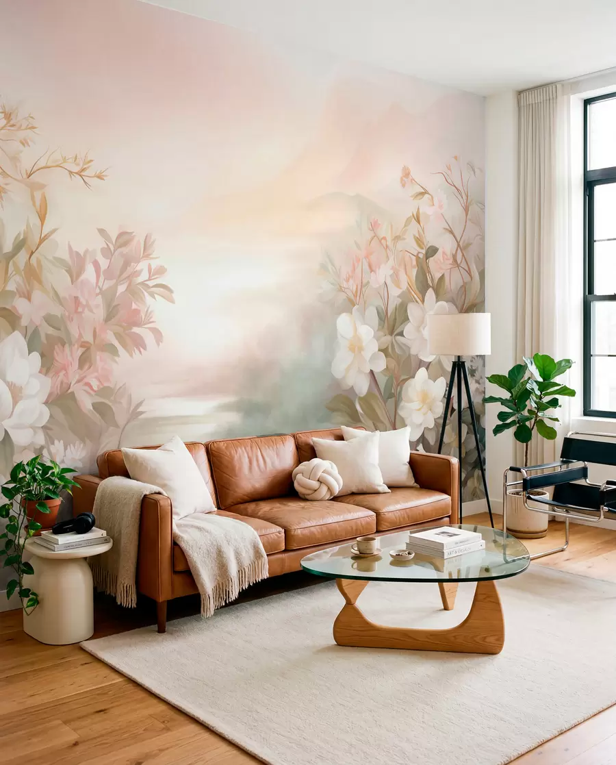 wall murals A landscape with a river surrounded by flowers and plants, soft colors, pink sky, watercolor textured style w09537