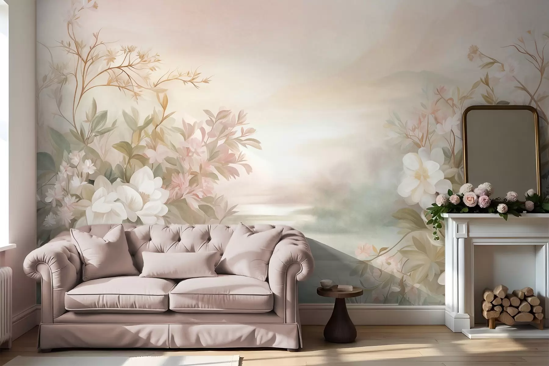 wall murals A landscape with a river surrounded by flowers and plants, soft colors, pink sky, watercolor textured style w09537
