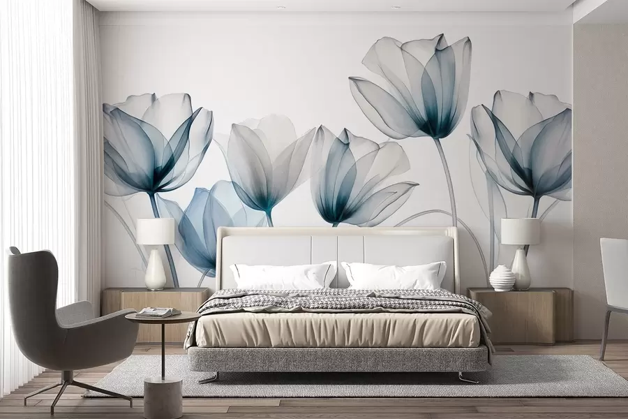 wall murals Translucent blue and white tulip flowers with long stems, against light background, delicate and textured floral art w09538