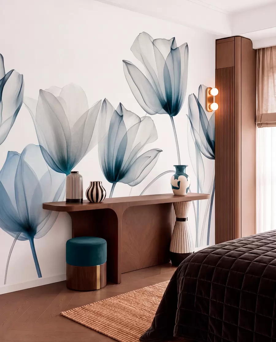 wall murals Translucent blue and white tulip flowers with long stems, against light background, delicate and textured floral art w09538