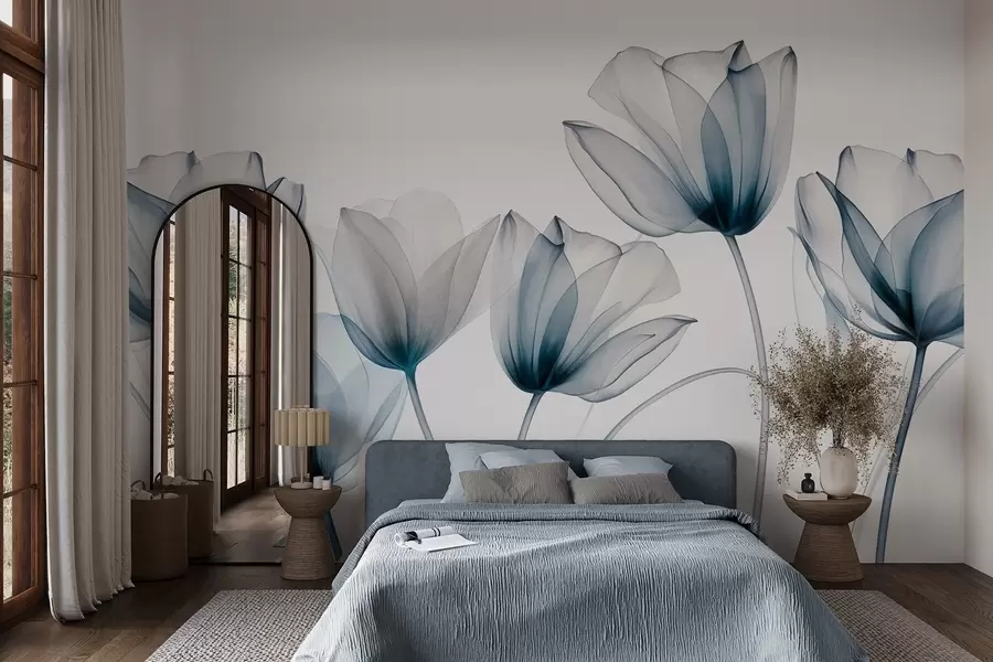 wall murals Translucent blue and white tulip flowers with long stems, against light background, delicate and textured floral art w09538