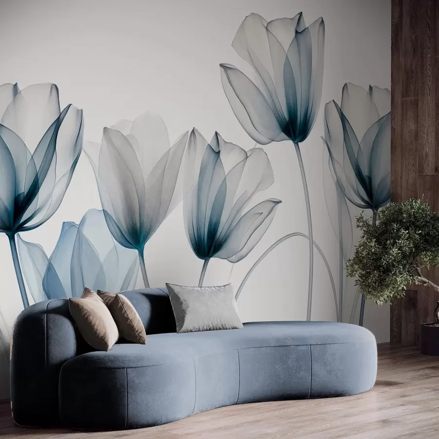 wall murals Translucent blue and white tulip flowers with long stems, against light background, delicate and textured floral art w09538