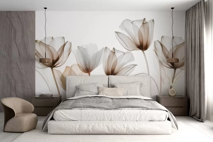 wall murals Translucent brown and white tulip flowers with long stems, against light background, delicate and textured floral art w09538v1