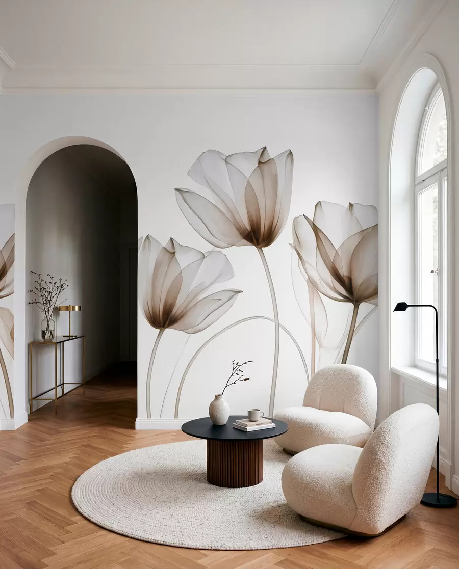wall murals Translucent brown and white tulip flowers with long stems, against light background, delicate and textured floral art w09538v1