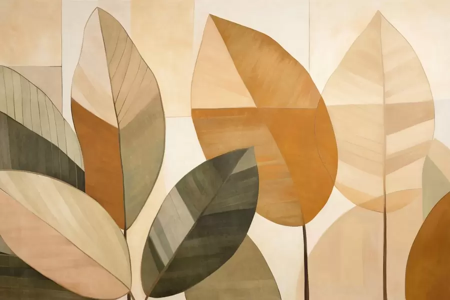 wall murals Abstract large leaves in shades of orange, brown and green, textured, arranged against a light background w09539