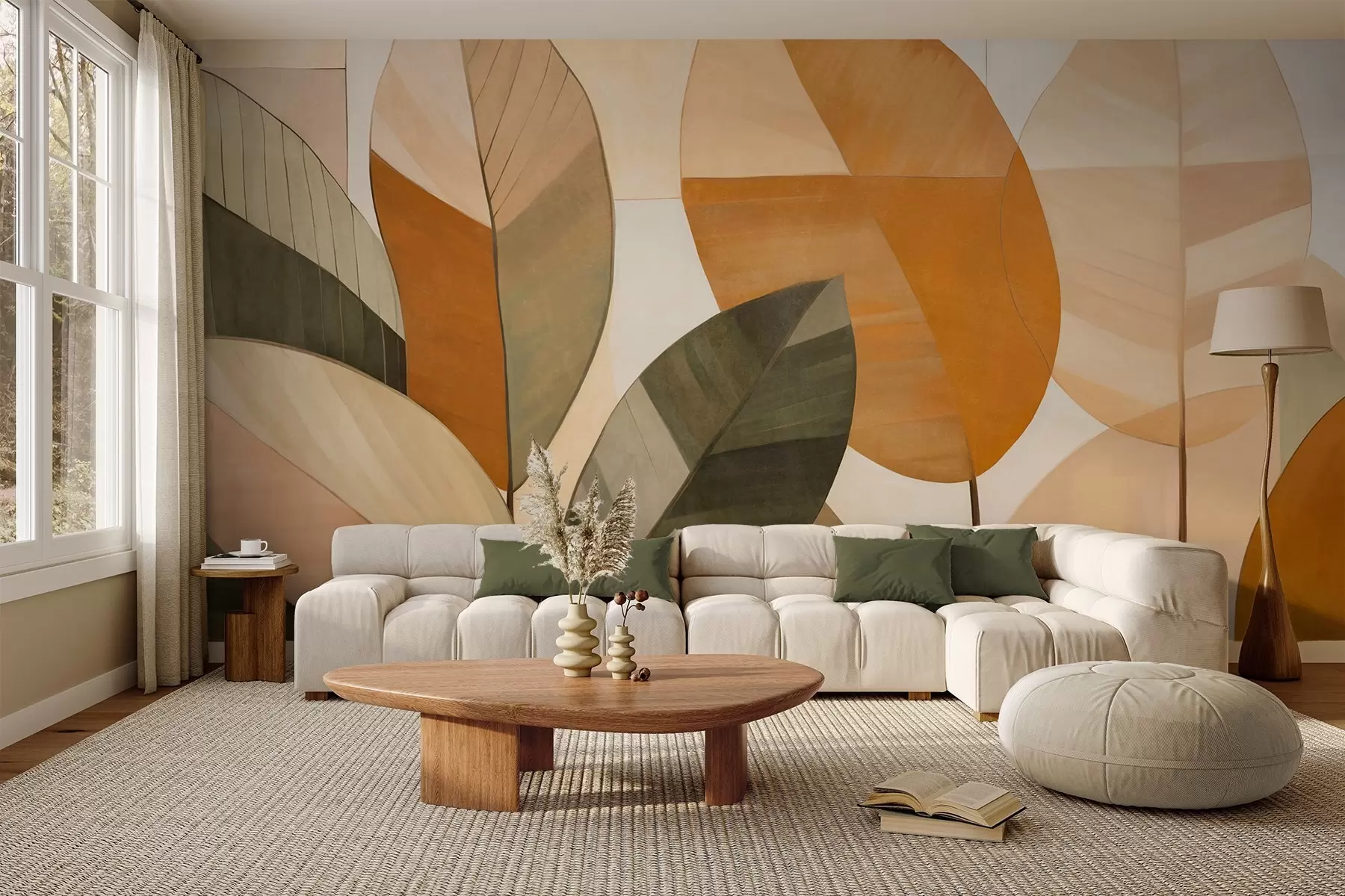 wall murals Abstract large leaves in shades of orange, brown and green, textured, arranged against a light background w09539