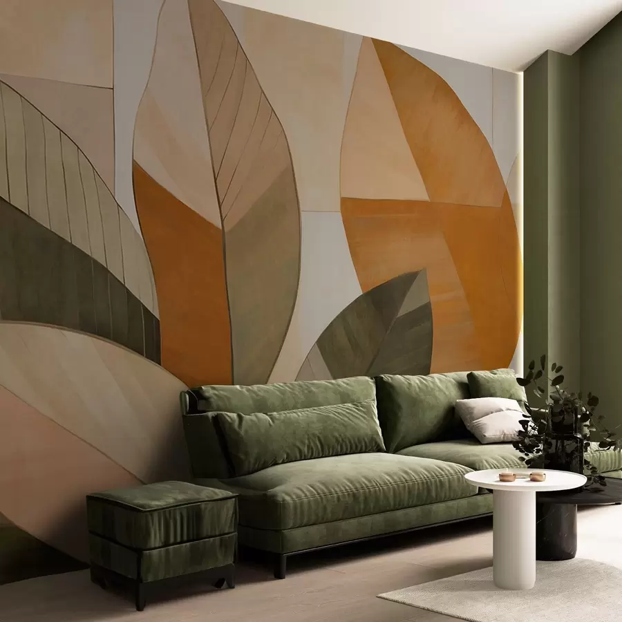 wall murals Abstract large leaves in shades of orange, brown and green, textured, arranged against a light background w09539