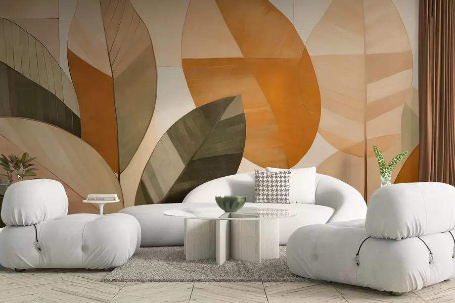 wall murals Abstract large leaves in shades of orange, brown and green, textured, arranged against a light background w09539