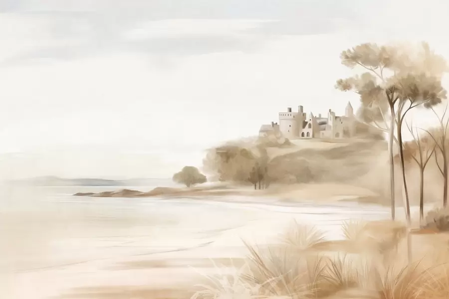 wall murals Landscape with a castle on a hill near the sea, a sandy beach in the foreground, muted colors, textured art w09540