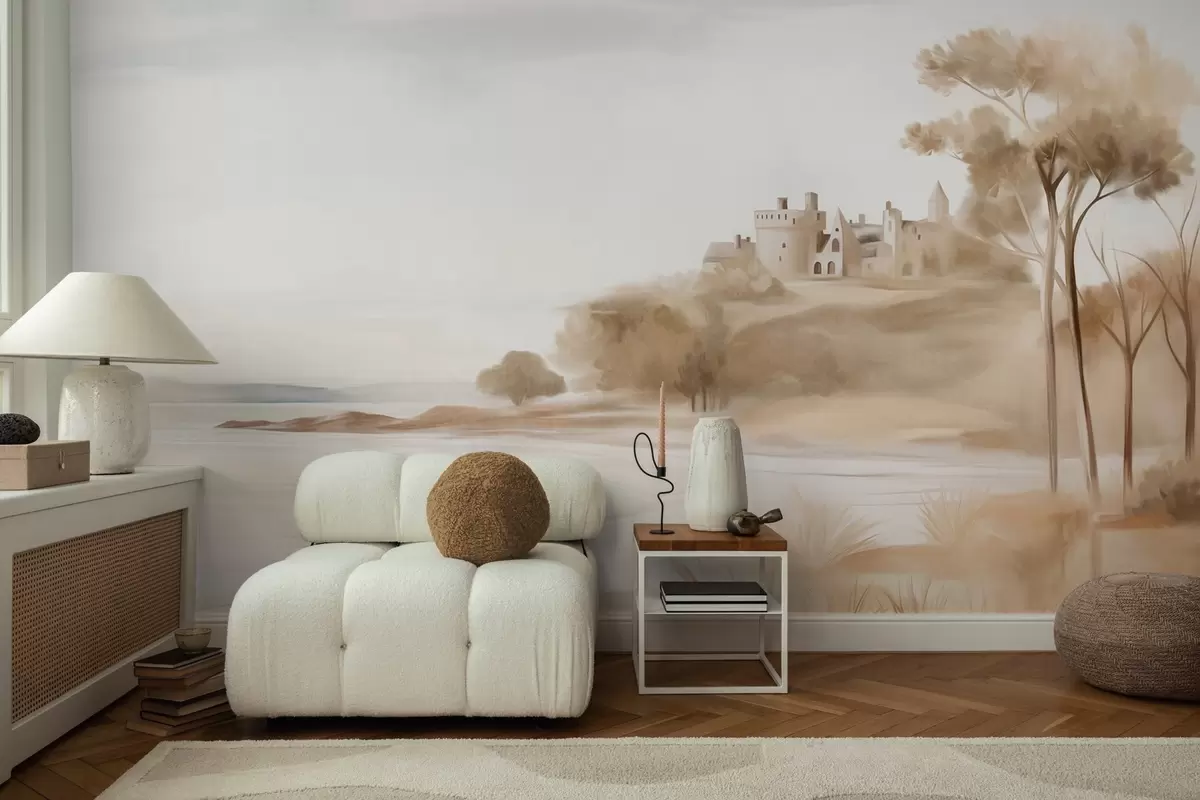 wall murals Landscape with a castle on a hill near the sea, a sandy beach in the foreground, muted colors, textured art w09540