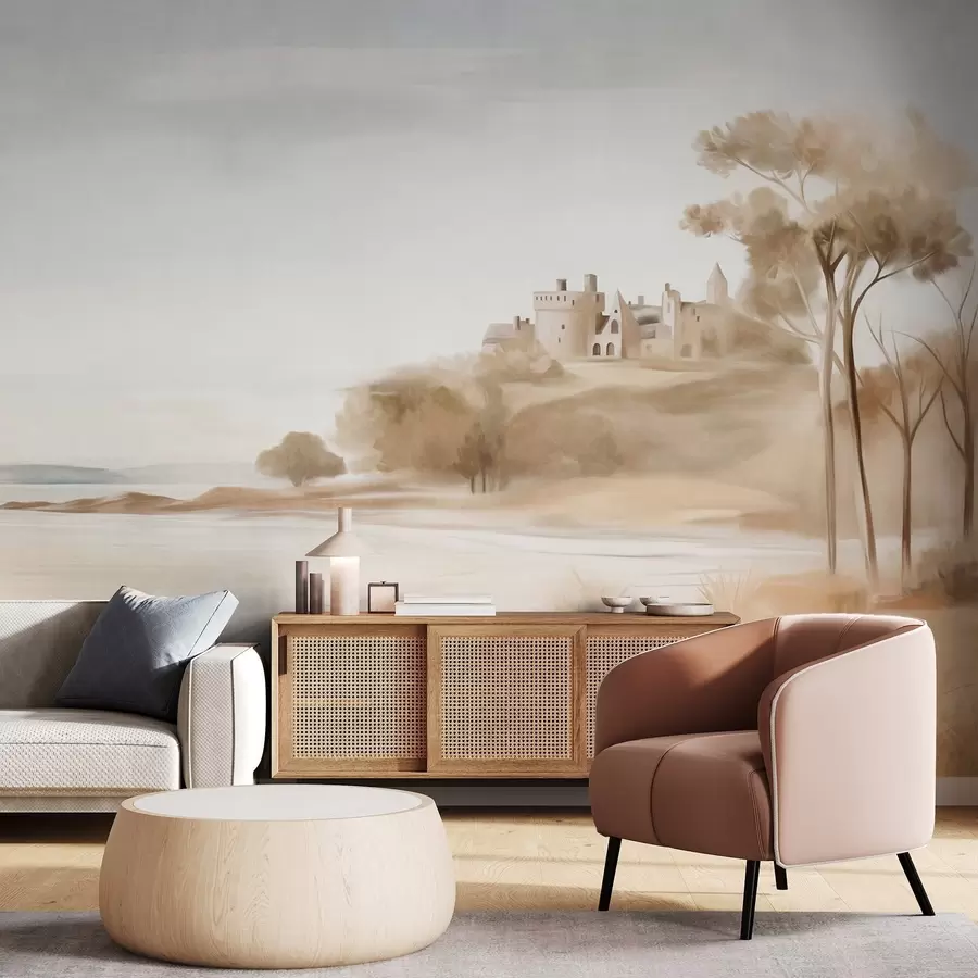 wall murals Landscape with a castle on a hill near the sea, a sandy beach in the foreground, muted colors, textured art w09540