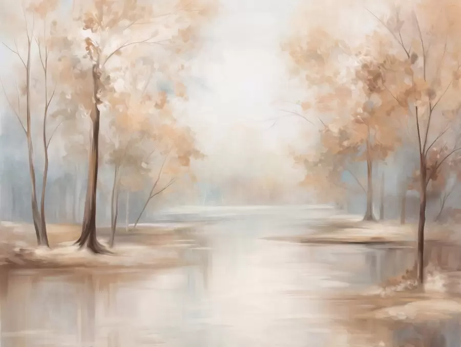 wall murals Autumn textured landscape with trees and a river, soft colors, light and airy atmosphere, peaceful and tranquil scene w09541