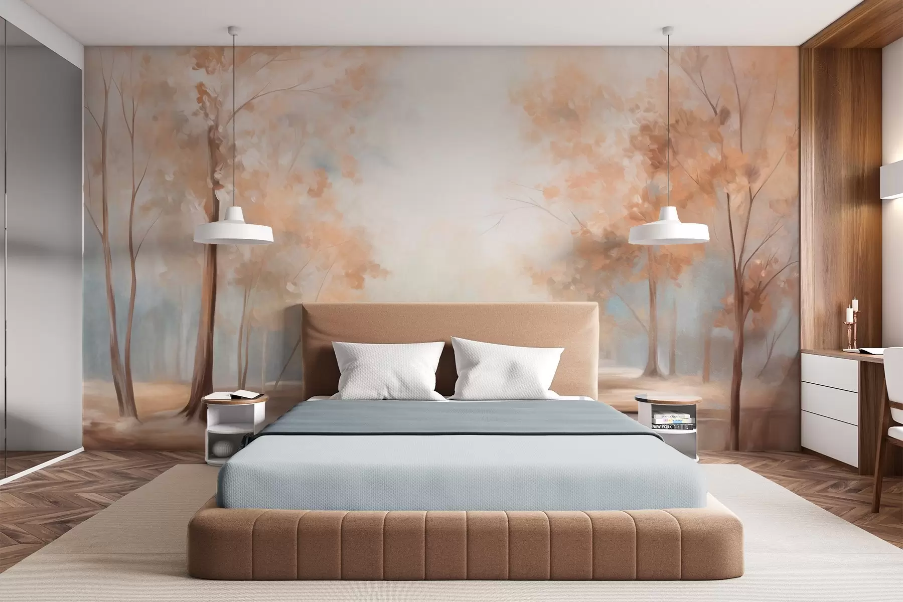 wall murals Autumn textured landscape with trees and a river, soft colors, light and airy atmosphere, peaceful and tranquil scene w09541