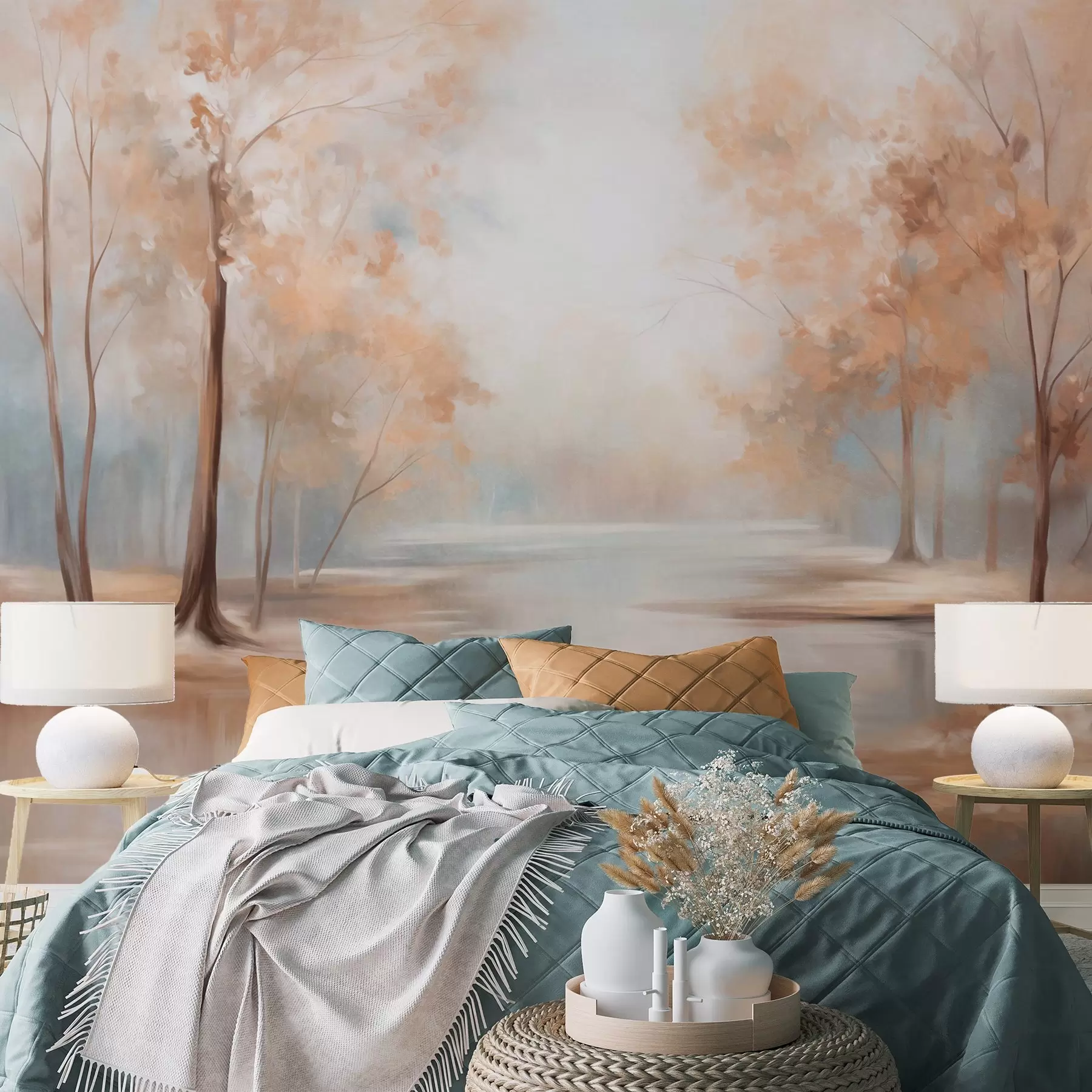 wall murals Autumn textured landscape with trees and a river, soft colors, light and airy atmosphere, peaceful and tranquil scene w09541